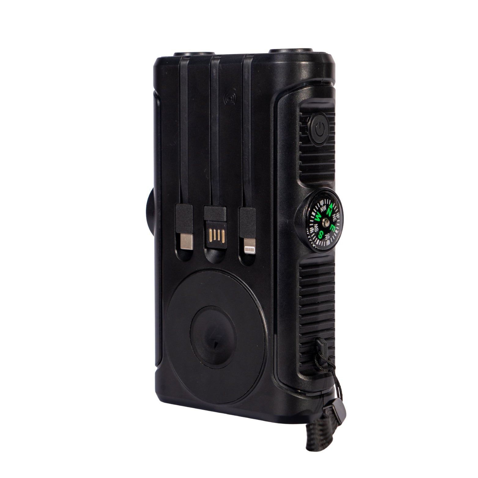 NBS Solar Power Bank with Wireless Charger, Built-in Cable, Hand Crank, Compass, Black