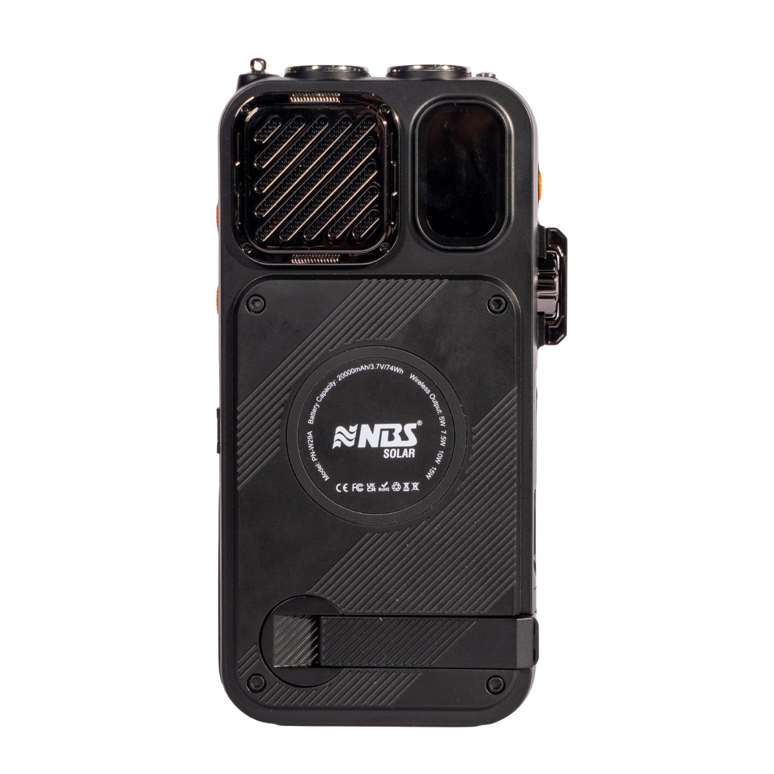 NBS Solar Power Bank with Wireless Charger, 20Ah Li-Polymer Battery, Built-in Cables, Hand Crank, Compass, Black