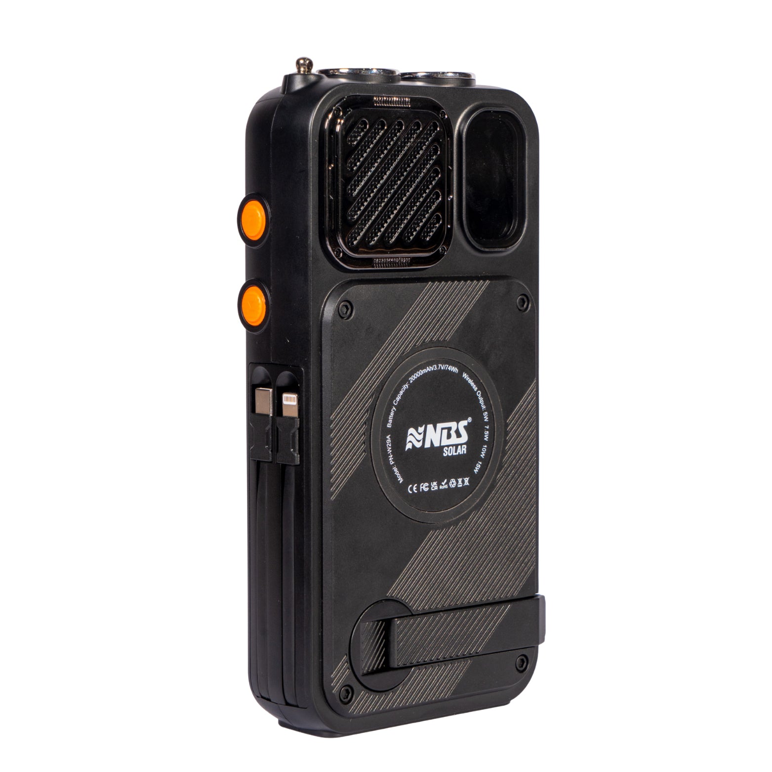 NBS Solar Power Bank with Wireless Charger, 20Ah Li-Polymer Battery, Built-in Cables, Hand Crank, Compass, Black