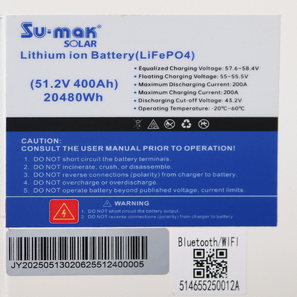 SUMAK LiFePO4 BATTERY 51.2V 400AH (20.48KW)