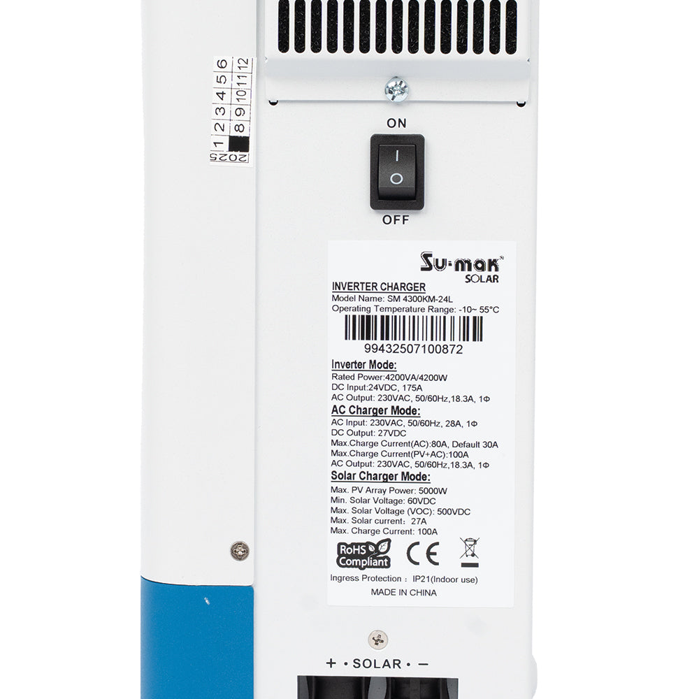 Su-mak Solar Pure Sine Wave Wall Mounted Hybrid Inverter, 4.2KW 24V, Model SM4300KM-24L, 4200VA Power Capacity, Off-Grid Solar Power System