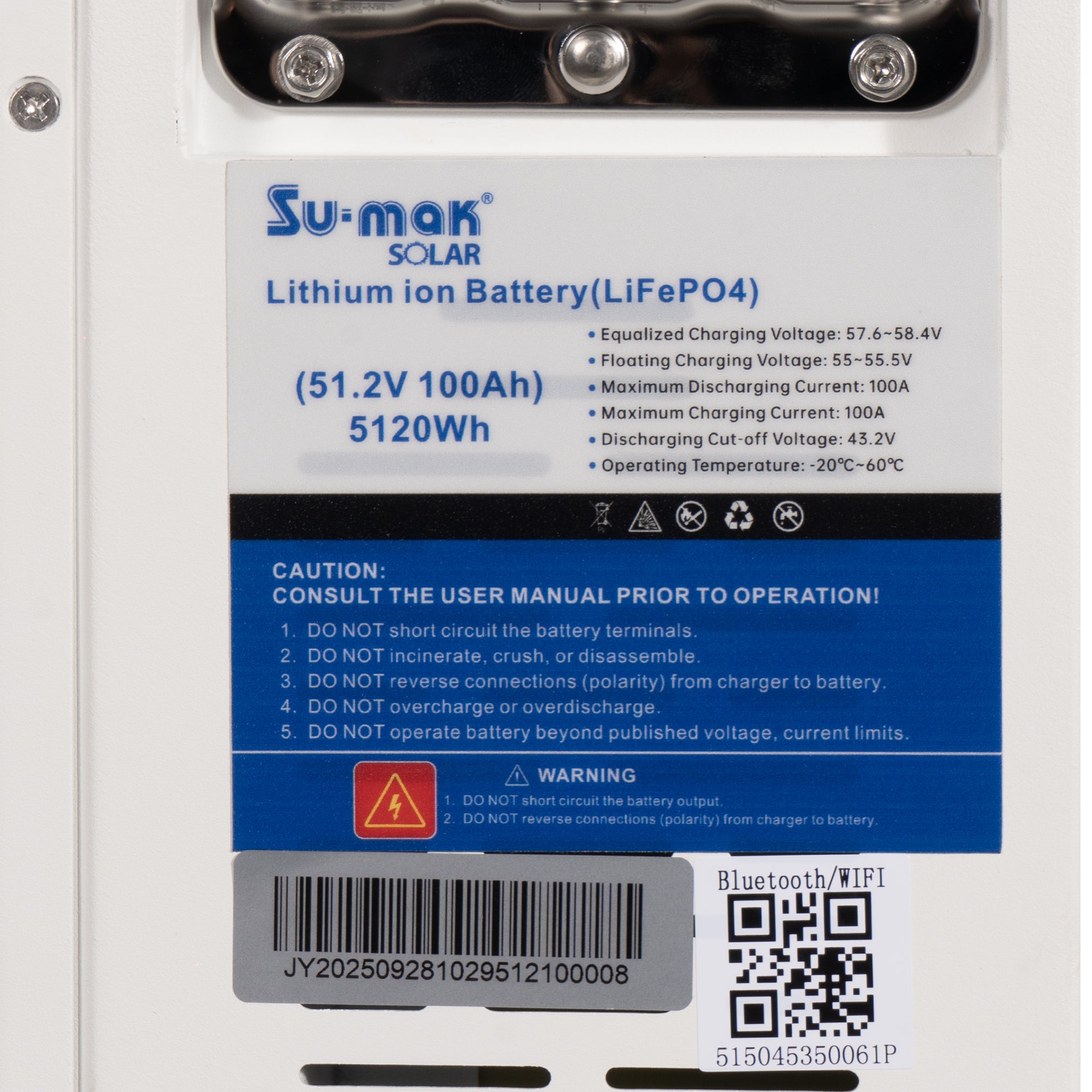 Su-mak Solar LiFePO4 Lithium Battery, 51.2V 100AH, 5.12kWh, A Grade Wall Mount Solar Energy Storage System