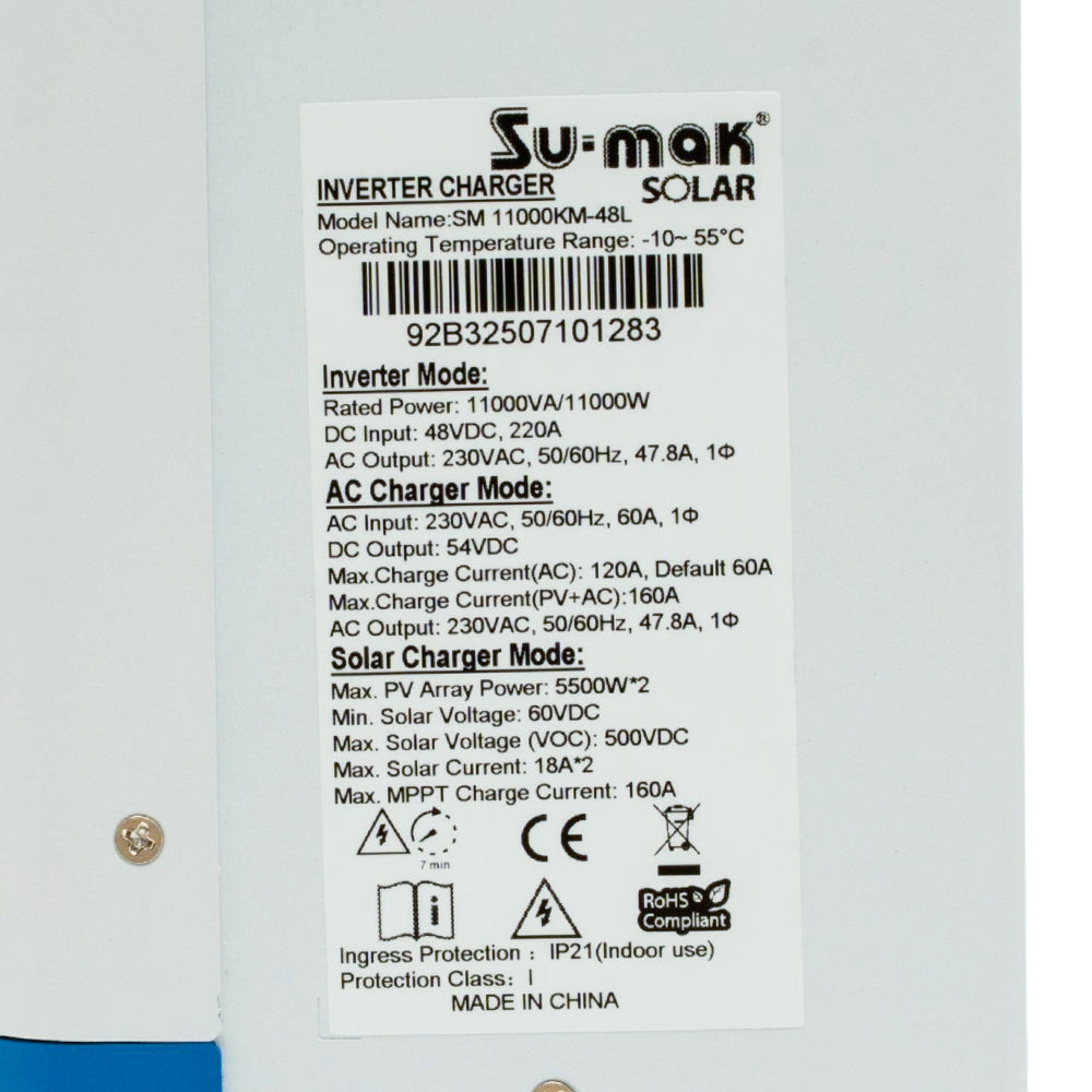 Su-mak Solar Pure Sine Wave Hybrid Inverter, 11 KW/48V, Model SM11000KM-48L MPPT Solar Charge Controller