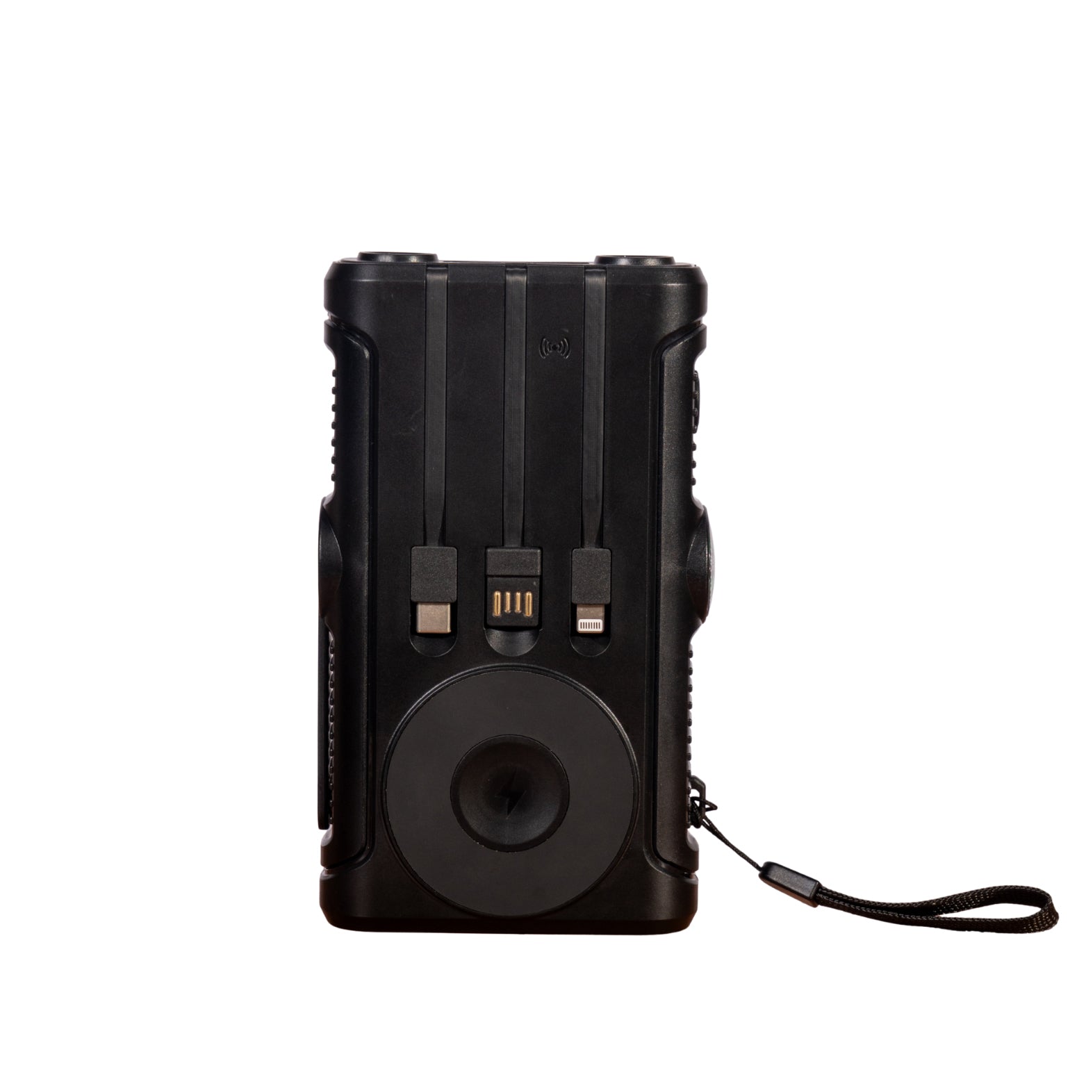 NBS Solar Power Bank with Wireless Charger, Built-in Cable, Hand Crank, Compass, Black