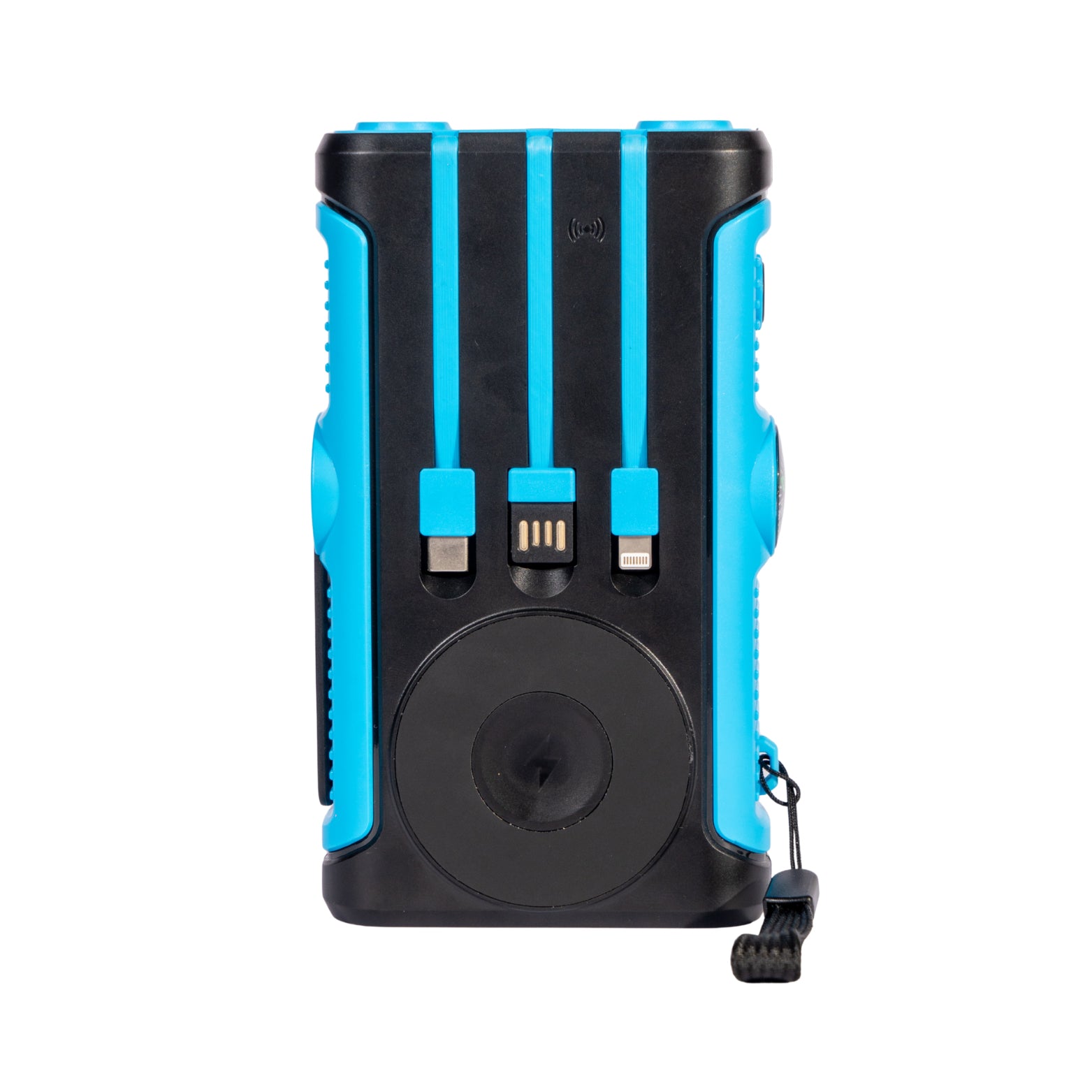 NBS Solar Power Bank with Wireless Charger, Built-in Cable, Hand Crank, Compass, Blue