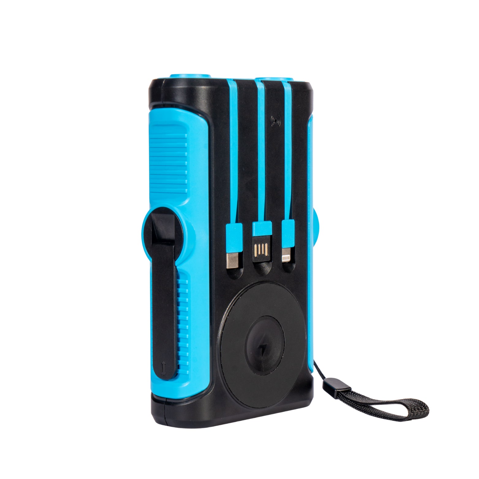 NBS Solar Power Bank with Wireless Charger, Built-in Cable, Hand Crank, Compass, Blue