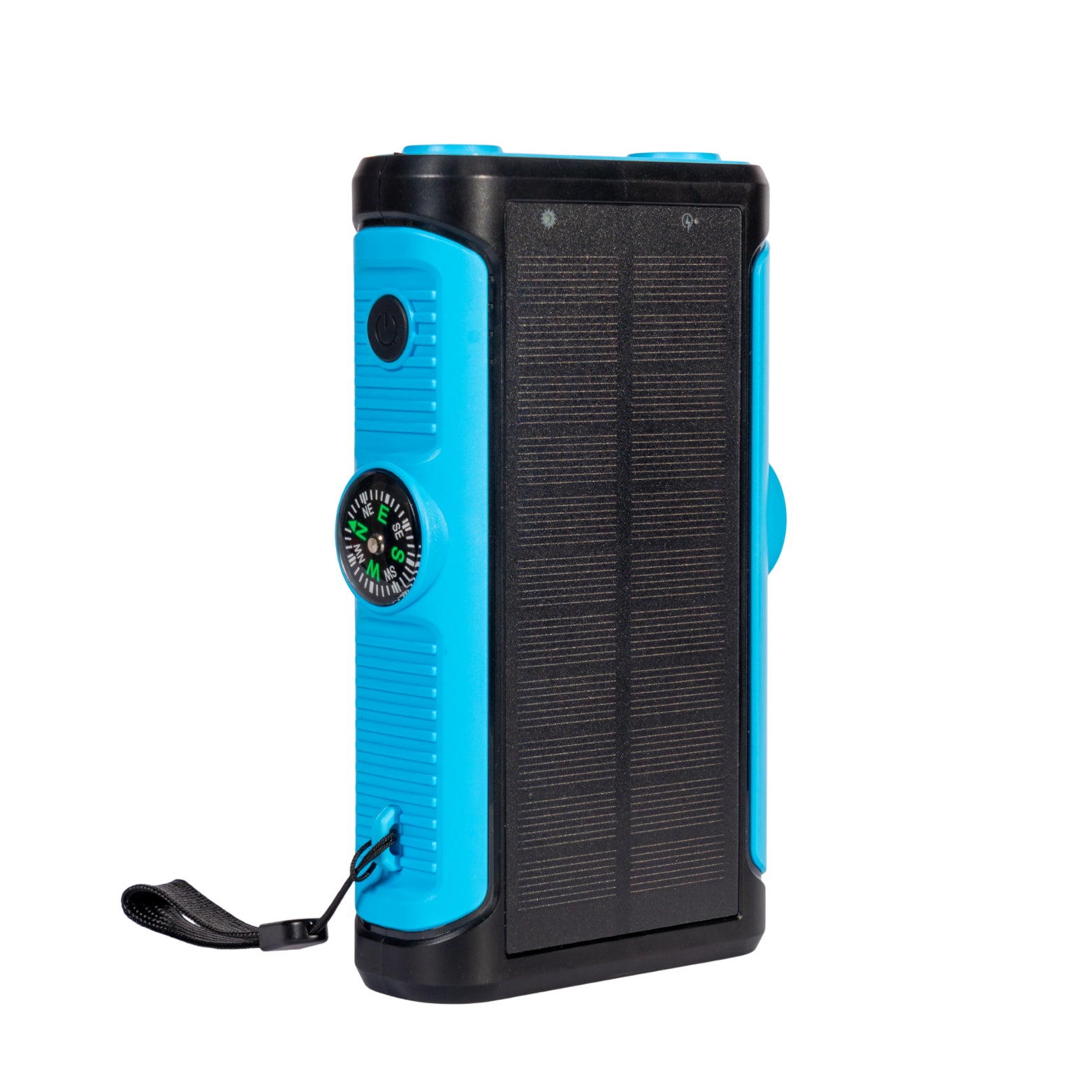 NBS Solar Power Bank with Wireless Charger, Built-in Cable, Hand Crank, Compass, Blue