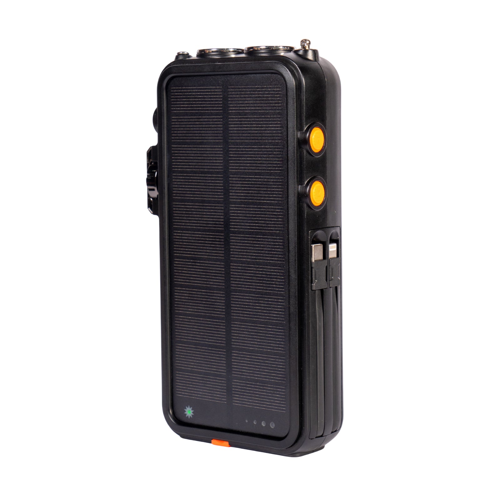 NBS Solar Power Bank with Wireless Charger, 20Ah Li-Polymer Battery, Built-in Cables, Hand Crank, Compass, Black