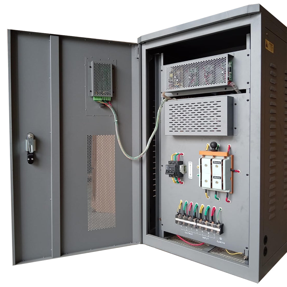 Electrical panel with open door showing internal components 