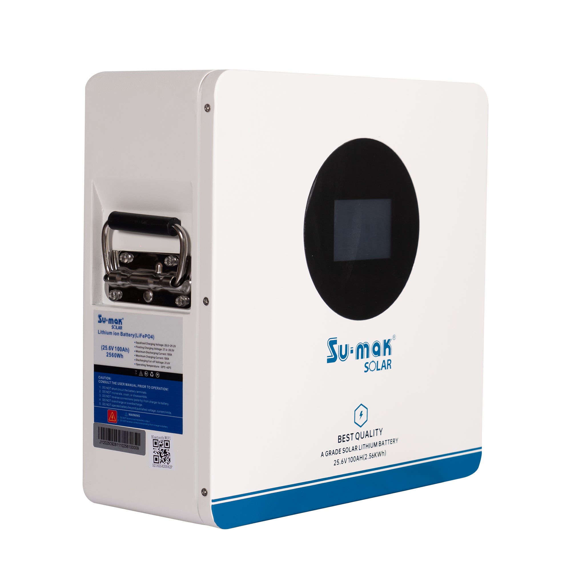 Su-mak Solar Lithium Ion Battery, LiFePO4, 25.6V 100Ah, 2.56kWh, A Grade Solar Battery with Wall Mount