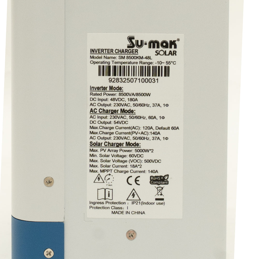 Su-mak Solar Pure Sine Wave Hybrid Inverter, 8.5KW/48V, Model SM8500KM-48L MPPT Solar Charge Controller