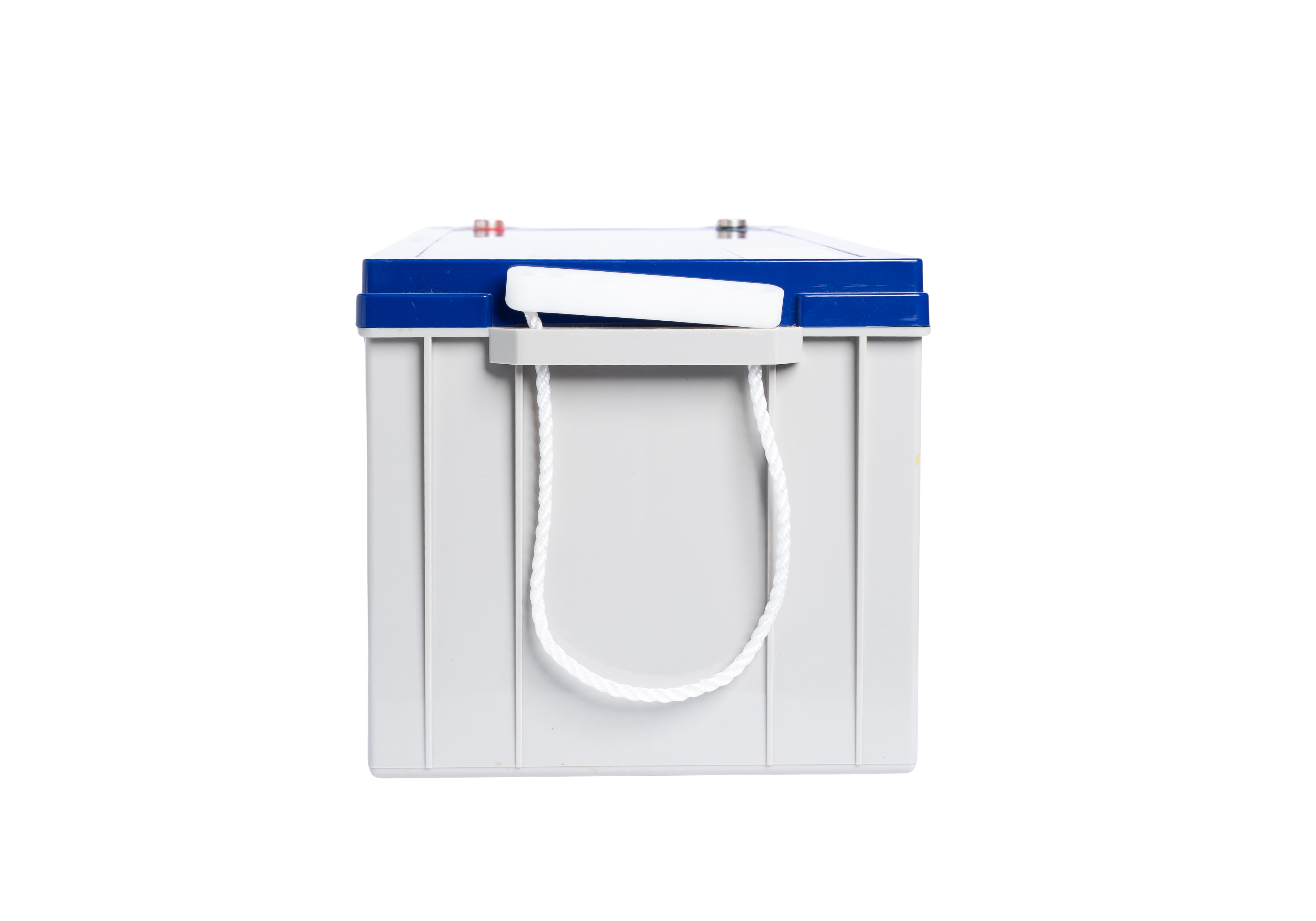 White and blue rectangular device with a white hose