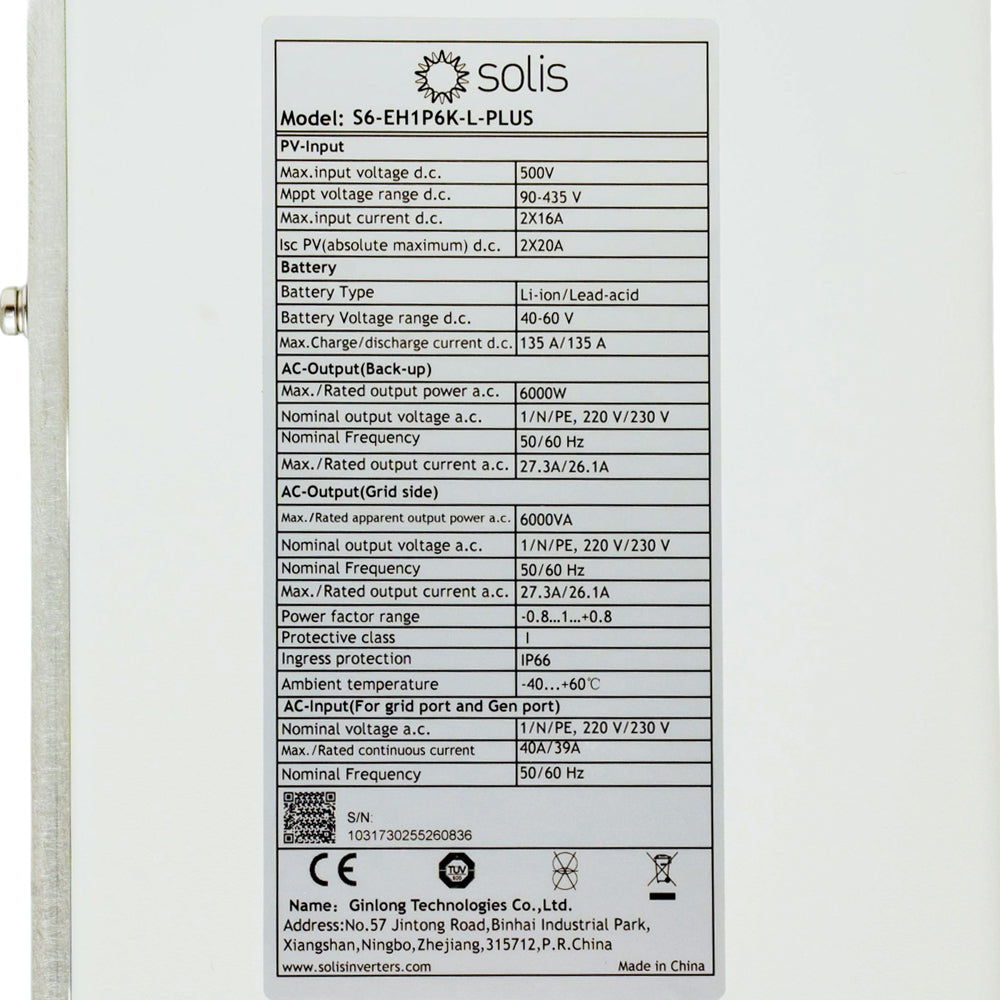 Solis S6-EH1P6K-L-PRO Single Phase Low Voltage Energy Storage Inverter